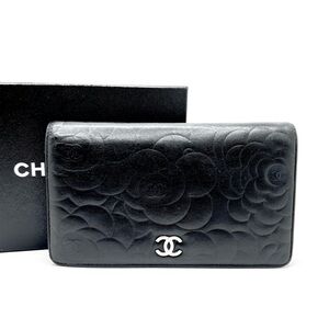 Authentic CHANEL Camellia CC Logo Black Lambskin Long Bifold Wallet W/ Box